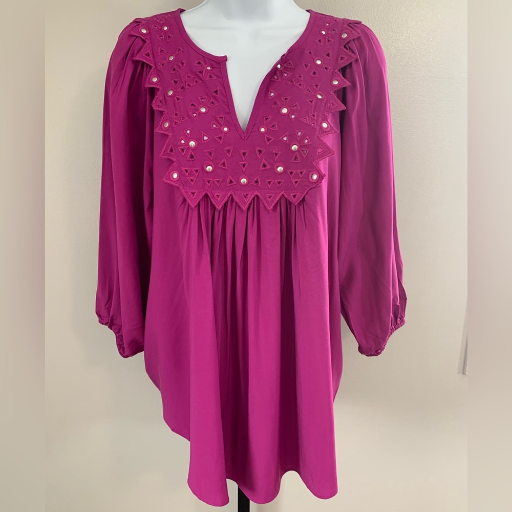 NWT Grace Elements Fuchsia Embroidered and Embellished Peasant Blouse